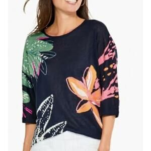 NIC+ZOE Evening Garden Sweater Womens Small Linen Modal Blend Lightweight Floral
